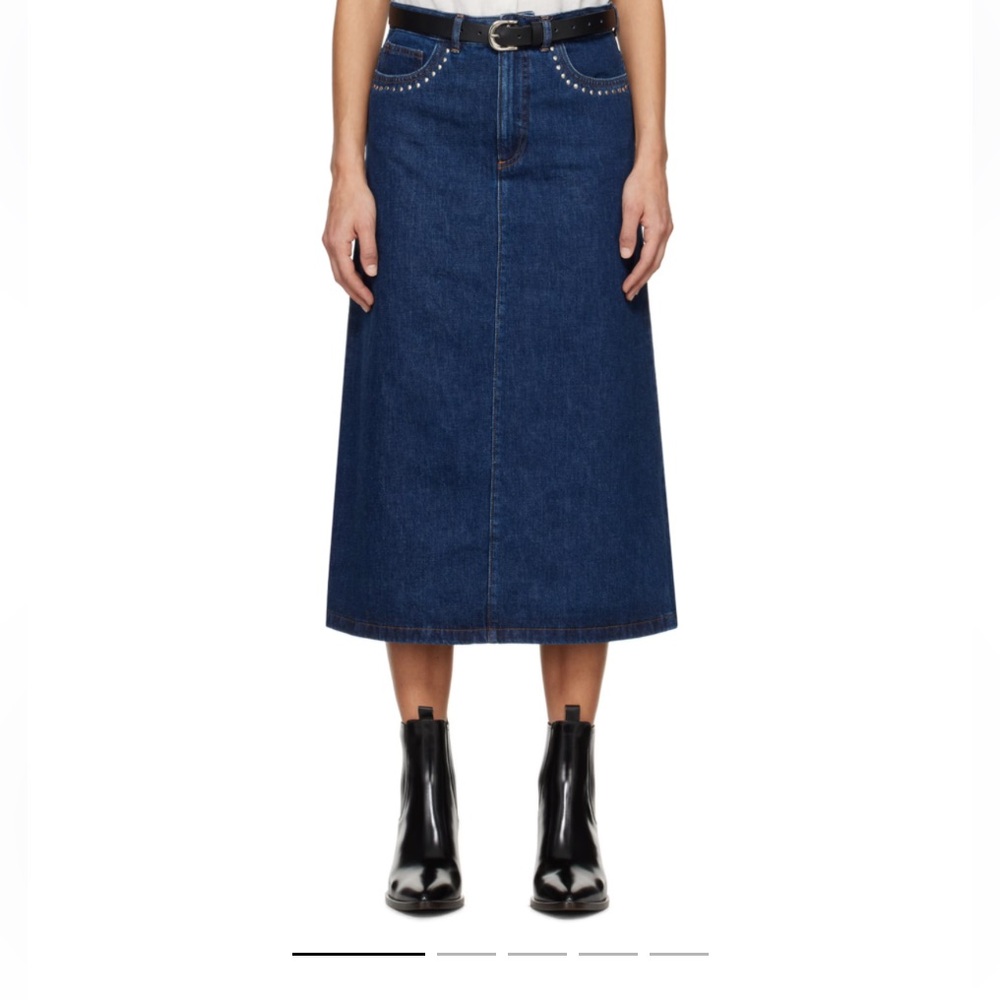 A.P.C. size 38 (US 6) dark denim midi a-line skirt with studs at front pocket.